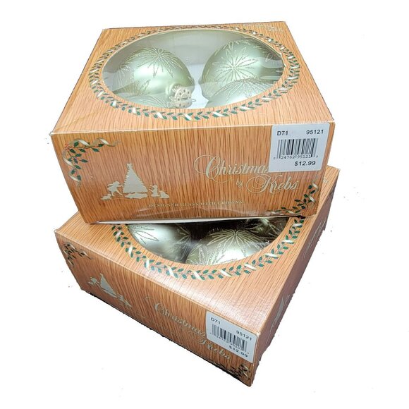 Christmas By Krebs 8 Ornaments 2 Boxes Pale Satin Green & Gold Stars Glitter - Picture 5 of 16